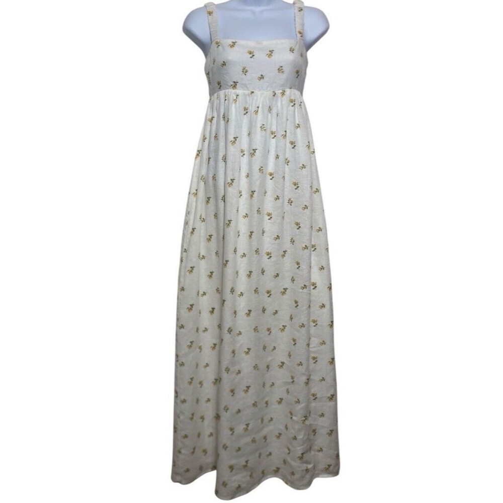 Reformation Cream Maxi Dress with Small Green Floral Print